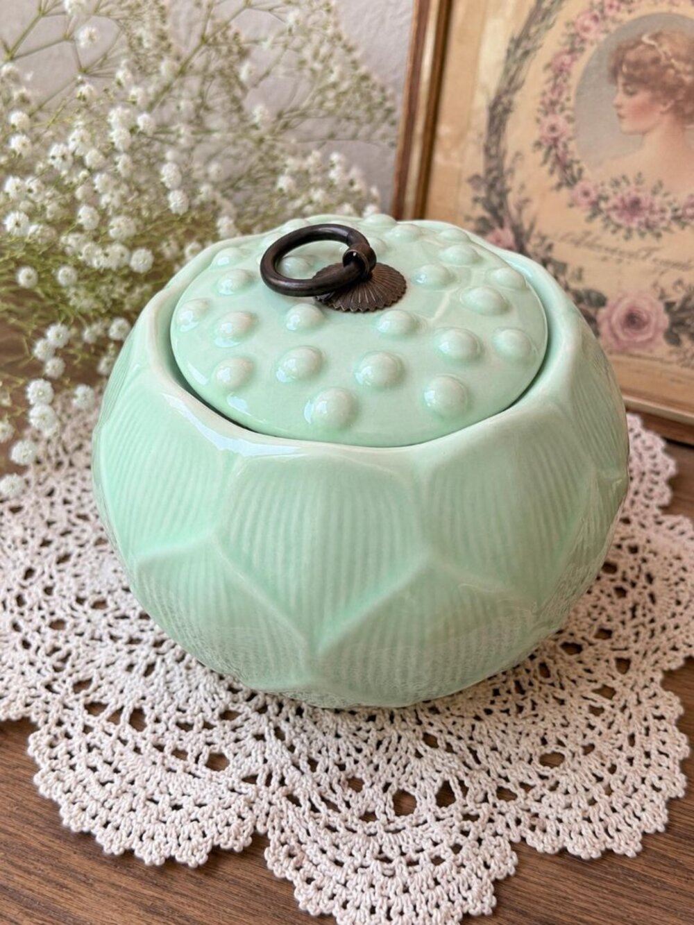 Vintage Green Ceramic Artichoke Lidded Jar | Brass Ring Handle Kitchen Decor
